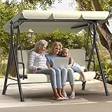 3-Sitzer Hollywoodschaukel ergonomische Gartenschaukel mit Sonnendach｜Anti-Rutsch-Füße, Stabile Metallkonstruktion, Wasserabweisend, Schaukelbank für Terrasse und Garten｜Beige