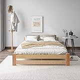 Solide Massivholzbett Doppelbett 140x20 cm, Futonbett Holzbett Jugendbett Bettgestell Bettrahmen Gästebett Familienbett Erwachsenenbett mit Kopfteil und Lattenrost, Ohne Matratze, Massivholz, Natur