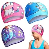 3 PCS Badekappe Kinder, Badekappe Mädchen, Badekappes Kinder Jungen, Badekappes, Geeignet für Jungen und Mädchen Im Alter Von 2-12 Jahren, Reißfest – Geeignet für Langes Und Kurzes Haar/C
