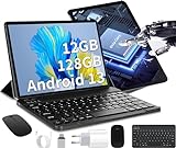 OUZRS Android 13 Tablet 10 Zoll, 12GB RAM 128GB ROM (TF 1TB), Tablet PC Octa Core 2.0Ghz, Gaming Tablet Dual Kamera HD/IPS, 5G WiFi Tablet Android Bluetooth Type-C mit Tastatur und Maus