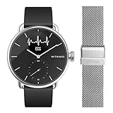 Withings - Scanwatch 38 mm Schwarz mit Schwarzem FKM Silikonband 18 mm + 1 Milanaise Uhrenarmband Silber 18 mm - Hybrid Smart Watch mit EKG, Herz-Scan, SPO2 und Schlaftracking
