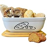 FANOUS Keramik Brotkasten – Weißbrot Aufbewahrungsbox mit Bambusdeckel – Brottopf von 36 x 24 x 14 cm – Brotkasten und Holzdeckel als Schneidebrett