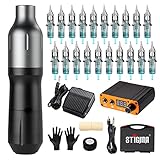 STIGMA Tattoo Rotary Maschine Set Kompletter Tattoo Pen mit 20Pcs Cartridges Nadeln Digital Display Netzteil Tattoo Kit mit Plastikbox für Anfänger und Tätowierer STP7KITP192-1-EU Schwarz