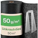 Praknu Unkrautvlies Gartenvlies 50m² mit 24 Erdankern - 50g/m² - Wasserdurchlässig - Reißfest - Leicht zu Verlegen - UV-Stabile Unkrautfolie gegen Unkraut