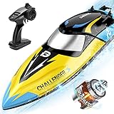 DEERC ferngesteuerte Boote mit Bürstenlosen Motor 2212,48 km/h RC Boot mit Alarmfunktion, 2,4 GHz Rennboot mit LED-Leuchten für Meere, Pools und Seen,Speedboot-Spielzeug für Kinder&Erwachsene