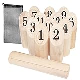 WELLGRO finnisches Wurfspiel 14-TLG. - für 2-8 Spieler, massiv Holz, Wikingerspiel inkl. Spielanleitung und Netzbeutel - Wikingerkegeln Nummernkubb
