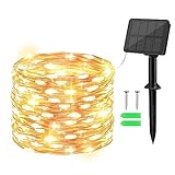 Solar Lichterkette Außen,Gcstnn 1Stück 10M 100 LED KupferDraht ,Speicher mit 8 Modi IP65 Wasserdicht Deko für Garten,Bäume,Balkon,Terrasse,Tor,Hof,Weihnachten(Warmweiß)