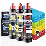 Menzerna Auto Polituren Set: Menzerna Heavy Cut Compound 1000 + Medium Cut Compound 2200 + Super Finish 3500 + Power Lock Ultra Protection Sachet + 4x Mikrofasertuch 40x40cm