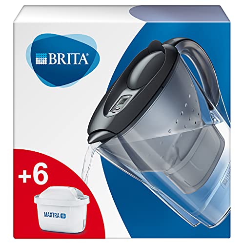 BRITA Wasserfilter Marella graphit inkl. 6 MAXTRA+ Filterkartuschen – BRITA Filter Halbjahrespaket zur Reduzierung von Kalk, Chlor, Blei, Kupfer & geschmacksstörenden Stoffen im Wasser