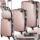 tectake 4-teilige Reisekoffer - Kofferset mit abnehmbaren Rollen 360°, robuste Hartschalenkoffer mit TSA Zahlenschloss, Koffer groß und ineinander stapelbar, Trolley Handgepäck - roségold