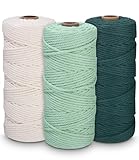 3 Stück Makramee Garn, 3mm x 100m Baumwollgarn, Baumwollkordel Natur, Baumwoll Bastelschnur, für DIY Handwerk, Flechtkunst, Hängepflanzen, Makramee Garn Set (dunkelgrün, hellgrün, weiß)