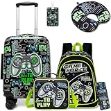 HTgroce 5tlg Kinderkoffer Set, Kinder Reisekoffer mit Rucksack Kinder, Lunchtasche, Federtasche & Kofferanhänger, Nackenkissen, Reisetrolley mit Rollen für Kinder Hartschalenkoffer für Jungen