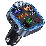 LENCENT FM Transmitter Bluetooth V5.3 Auto Radio Deep Bass Musik Adapter Freisprecheinrichtung Auto Ladegerät mit Dual USB Anschlüsse PD Typ-C QC 3.0 USB Schnellladung mit Blauem Umgebungslicht