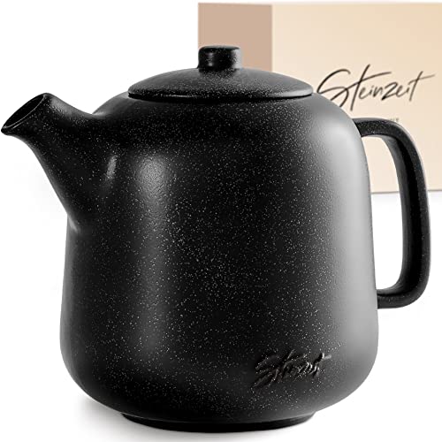 STEINZEIT Design Teekanne (1,3L) - Teekanne mit Siebeinsatz aus rostfreiem 304 Edelstahl - Teekanne Keramik mit einzigartiger Glasur - Teekanne mit Sieb herausnehmbar - Teekanne schwarz