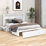 WIZBED Schrankbett Bed mit Schubladen, Mobiles Holzbett mit kleinem Regal, Verwandelbare Plattformbetten, Bettschrank, Funktionsbett, Weiß, 140 x 200
