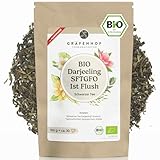 Darjeeling First Flush Bio Tee, 100g, (50+ Tassen) Premium loser Schwarztee, feinste blumige Note, ganze lose Blätter, direkt aus Indien, analysiert und geprüft, naturbelassen in DE abgefüllt