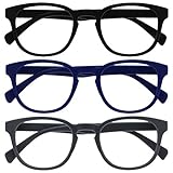 OPULIZE Pop Lesebrille 3er Pack Keck Rund Matt Rahmen Federscharniere Kratzfest Schwarz Blau Grau Herren Damen RRR2-137 +2.00