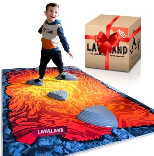 Femo Design® LAVALAND Balancierspiel | 5 Flusssteine + Spielteppich | Kinder Balanciersteine / Der Boden ist Lava Spiel / Größe 230 x160 cm