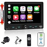 Alondy Autoradio 1Din mit 7 Zoll einstellbar Bildschirm, Kompatibel mit [Wireless] Apple CarPlay/Android Auto Bluetooth Typ-C USB(3A Schnellladung) AM/FM/RDS Radio Rückfahrkamera AUX SD