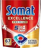 Somat Excellence Premium 5in1 Caps (67 Caps), schnellauflösende Spülmaschinentabs mit Extra Boost, Somat Caps entfernen selbst 72 h eingetrocknete, hartnäckige Essensreste