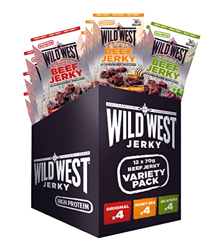 Wild West Beef Jerky Mix Box 70g - 12er Pack (12 x 70 g) Trockenfleisch vom Rind - Getrocknetes High Protein Dörrfleisch | beinhaltet 3 Sorten ORIGINAL, HONEY BBQ, JALAPENO