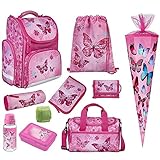 Familando Schulranzen 1. Klasse · ergonomischer Tornister · Schultasche für Jungen und Mädchen (Komplett Set mit Schultüte, Butterfly Schmetterlinge Pink)