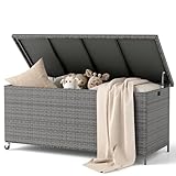 Amopatio Gartenbox Auflagenbox wasserdicht 480 Liter, Kissenbox Outdoor aus Polyrattan, Aufbewahrungsbox Metall mit Rollen & Gasdruckfedern, Gartenkiste wetterfest für Garten, Balkon, Grau