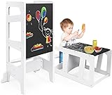 Dripex Lernturm Für Kinder Baby, Montessori Lernturm mit Tafel, Der Tritthocker Verwandelbar in Kindertisch und -Stuhl, Multifunktion, Sicherheit, Hochwertiges Holz, (Geometrieform)
