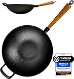 Oakfire Wokpfanne Gusseisen Induktion 31cm Groß Grill Wok Pfanne Holzgriff Cast Iron mit Non-Stick Patina
