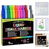 24 PCS Flüssige Kreidestifte, Mehrfarbig Abwaschbar Kreidemarker Fensterstifte Tafelstifte Whiteboard Marker für Kreidetafel, Whiteboard, Fenster, Glas, Feine Spitze 12 Farben, Ideale Geschenke