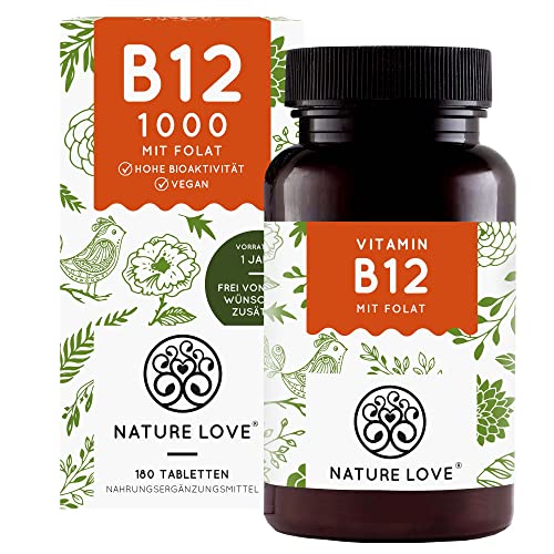 NATURE LOVE® Vitamin B12 Vegan - 180 Tabletten. Beide aktive Formen Adenosyl- & Methylcobalamin + Depot + Folat 5-MTHF aus Quatrefolic® - Hochdosiert, deutsche Produktion