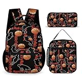 Mateju Schulrucksack, Basketball-Druck Rucksack für Mädchen Jungen, Leichtgewicht Schulrucksack Teenager, 3 Stück Rucksack Kinder mit Lunchpaket und Mäppchen, Schulranzen (Schwarz 2,one Size)