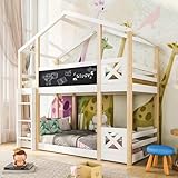 Etagenbett Holzbett 90 x 200cm mit Tafel und Leiter, Hochbett Hausbett Bodenbett Kinderbett Funktionsbett mit 2 Lattenrost und Rausfallschutz für Kinder und Jugendliche, Weiß + Natur