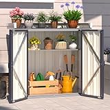 YODOLLA Gartenschrank Wasserdichter mit Pflanztisch, 97 x 93 x 34 cm Arbeitsplatte mit verstellbaren Regalen, Metallschuppen für den Außenbereich, Gartengeräte und Pflanzen, grau