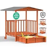 SPIELWERK® Sandkasten Merle Sonnendach 143x130x130cm Veranda 95x95x20cm UV-Schutz Sandbox