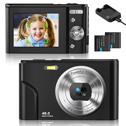 CAMKORY Digitalkamera mit Autofokus Fotokamera 1080P FHD 48MP 16×Digitalzoom Fotoapparat Verwacklungsschutz Einfache Bedienung mit 2 Wiederaufladbarer Akku für Kinder Jugendliche Anfänger Schwarz