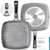 Coninx Grillpfanne Induktion 28cm mit Ausguss, 100% PFOA-freie Bratpfanne Ilag Granistone, Antihaft Beschichtung Aluminium Pfanne Abnehmbarem Griff, alle Herdarten und Backofen