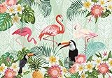 Fototapete 3D Effekt Tropische Pflanzen Blumen Vögel Papageien Hintergrund Wand 350x250cm, Wanddeko, Wandbild, Wandtapete