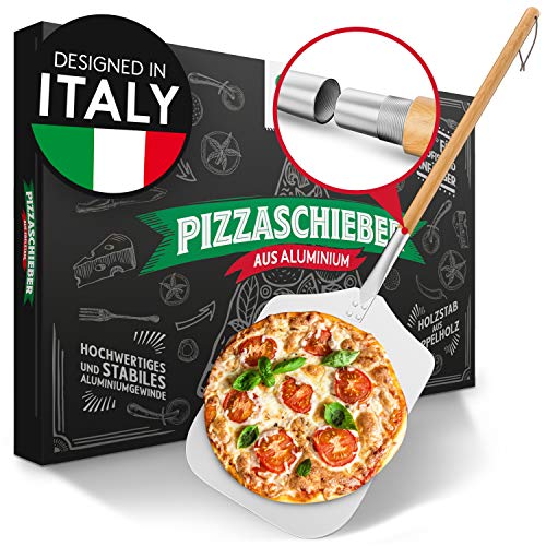 Pizza Divertimento [DAS ORIGINAL] - Pizzaschieber - Pizzaschaufel aus rostfreiem Aluminium [83 cm]- Robustes Gewinde - Pizzaheber mit abgerundeten Kanten - Inkl. e-Rezeptbuch