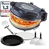 Sommertal PizzaProfi Pizzaofen elektrisch – Pizza Ofen mit 32cm Steinplatte, schnelle 3-Minuten Pizza, bis 400°C – 5-teiliges Set mit Pfanneneinsatz, 2x Pizzaschieber, Schneider, Pizzastein