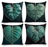 Kissenbezug 70 x 70 4er Set Baumwolle Leinen Kissenbezüge Sofakissen Kissenhüllen Grüne Blätter Dekokissen für Couch, Wohnzimmer Heimdekoration Herbst Outdoor Garten Zierkissenbezüge, Geschenke r-314