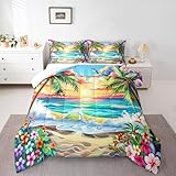 Manfei Hawaii Seaside Bettdecken-Set für King-Size-Bett, Sommer, Ozean, Wellen, Sonnenuntergang, Himmel, Farbe, Bettwäsche-Set für Erwachsene, tropische Blumen, Kokospalmen, Daunendecke, Orange