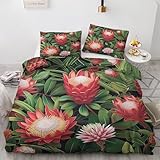 ZyxMehtic Tropische Blumen Bettwäsche 135x200 Winter Grüne Blätter Bettwäsche Set 4teilig, Weich & Bügelfrei Wende Bettbezug, Mikrofaser Bettwäsche und Kissenbezug 80x80cm 2er mit Reißverschluss