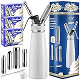 NEMT Sahnespender 0,5 L Sahnesiphon weiss + 30 Sahnekapseln 500 ml Sahnespender Aluminium mit Edelstahl Düsen und Reinigungbürste, Auslaufsicherer Sahnebereiter für Schlagsahne, Creme, Mousse
