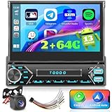 Ohradio 2G+64G Android Autoradio 1 DIN CarPlay Wireless Android Auto Wireless mit 7-Zoll-Einziehbarer Bildschirm, Bluetooth-Radio RDS FM, WiFi GPS SWC USB+Rückfahrkamera+MIC