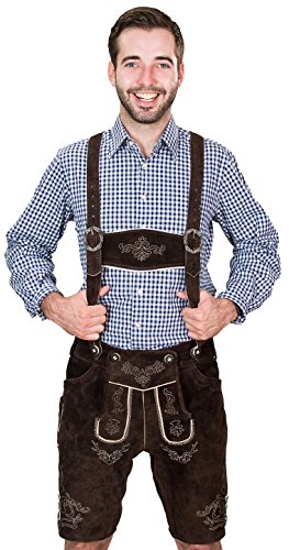 Bayerische Herren Trachten Lederhose kurz, Trachtenlederhose mit Trägern, original in Dunkelbraun, Oktoberfest, Größe 54
