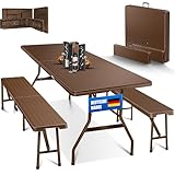 KESSER® Bierzeltgarnitur 3-teilig Set Tisch + 2X Bank, für drinnen - draußen klappbar Tragegriffe, HxBxT: 73x180x75 cm, Kunststoff, Rattan-Look Gartengarnitur, Klapptisch, Gartentisch, Braun