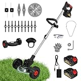 CONENTOOL 600W Akku Rasentrimmer mit 2X 4000Ah Akku, 21V Rasenkantenschneider mit 4 Arten von Schneidklingen, 8500rpm/min Freischneider mit Hilfsgleitrad, Teleskopstab Motorsense
