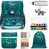 Herlitz Schulranzen Jungen Mädchen Tornister Kinder Ranzen Schultasche Schulmappe Schule leicht mit gefülltem Mäppchen Loop Plus, 8 Teile Set +efk v (Green Rex 3101 (Dino))