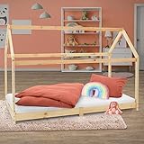 ML-Design Kinderbett 90 x 200 cm mit Dach und Lattenrost, Natur, Hausbett für Mädchen und Jungen, Kinderhaus aus massivem Kiefernholz, Stabiles Jugendbett, Massivholz Kinder Bett, Bettenhaus Spielbett